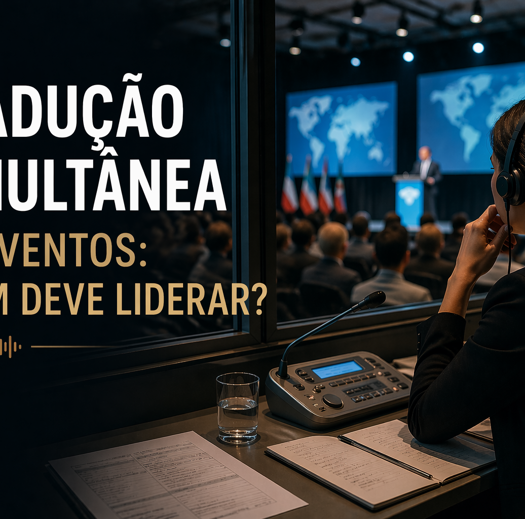 Intérprete em cabine realizando tradução simultânea durante evento internacional, com palestrante ao fundo e público presente